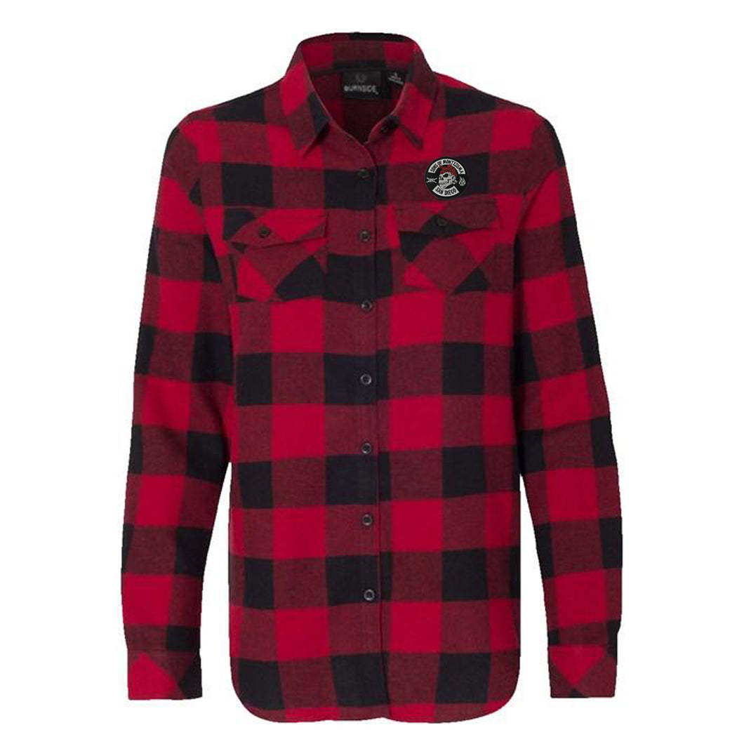 Womens Black & Red Long Sleeve Skull Patch Flannel